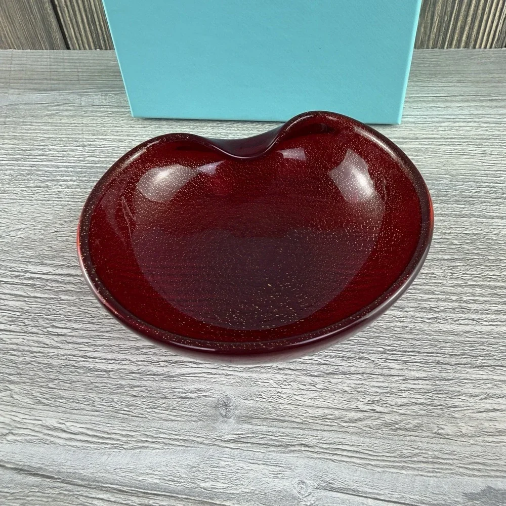 Tiffany & Co Elsa Peretti Thumbprint Dish Red Venetian Glass 24K Gold 5